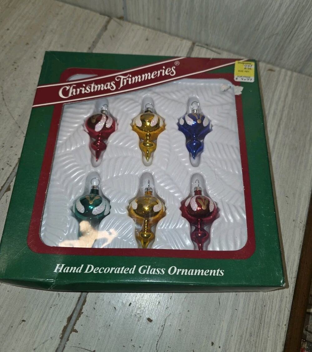 Vtg Mercury Glass Rain Drop Glitter Christmas Trimmings 6 Glass Ornaments Color